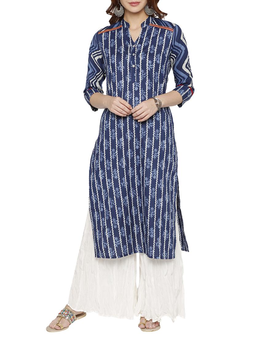 blue cotton straight kurta - 15122364 - Zoom Image - 1