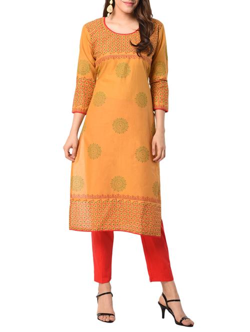 Orange cotton straight kurta - 15122536 - Standard Image - 1