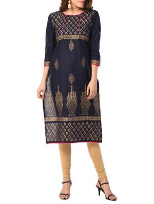 blue cotton straight kurta - 15122538 - Standard Image - 1