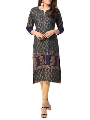 blue cotton straight kurta - 15122540 - Standard Image - 1
