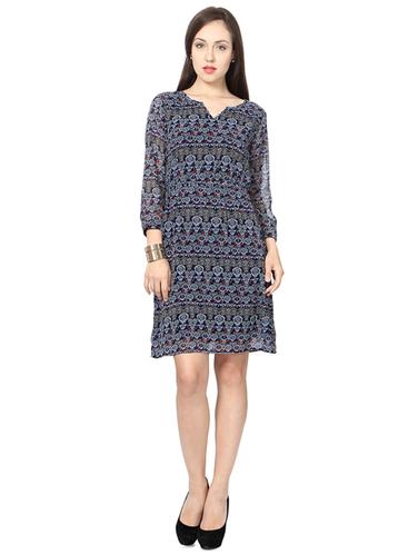 navy blue printed a-line dress - 15123873 - Very Small Image - 1