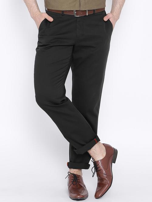 black cotton flat front casual trousers - 15124386 - Very Small Image - 1
