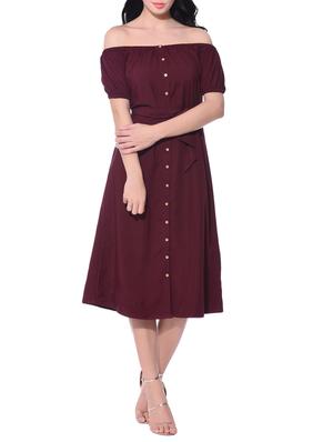 maroon solid off shoulder dress - 15125503 - Standard Image - 4