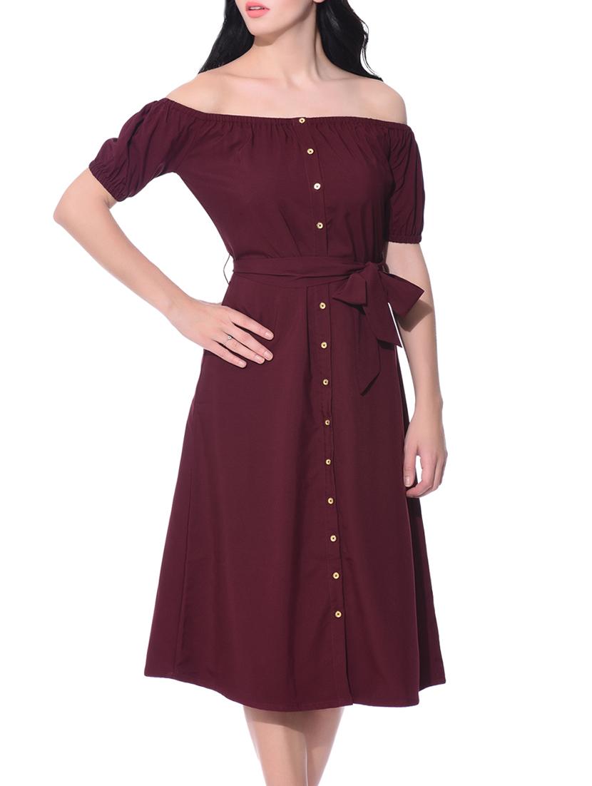 maroon solid off shoulder dress - 15125503 - Zoom Image - 1