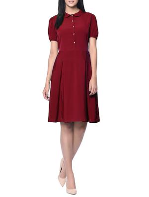 maroon solid crepe a-line dress - 15125508 - Standard Image - 4