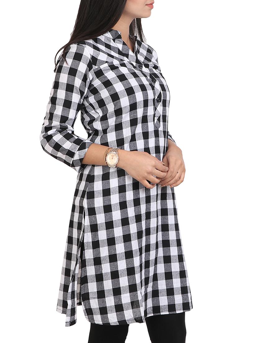 white cotton straight checks kurta - 15128095 - Zoom Image - 2