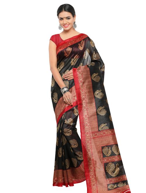 black cotton printed saree with blouse - 15128619 - Standard Image - 1