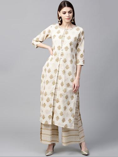 White Cotton Printed Aline Layered Kurta With Palazzo - 15129023 - Very Small Image - 1