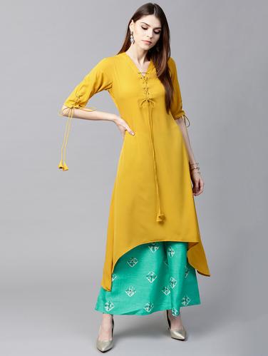 Solid Yellow Crepe Kurta With Printed Chanderi Palazzo - 15129025 - Very Small Image - 1