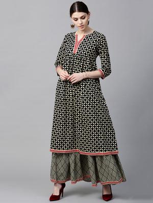 Black Cotton Printed a-line Kurta With Skirt - 15129030 - Standard Image - 1