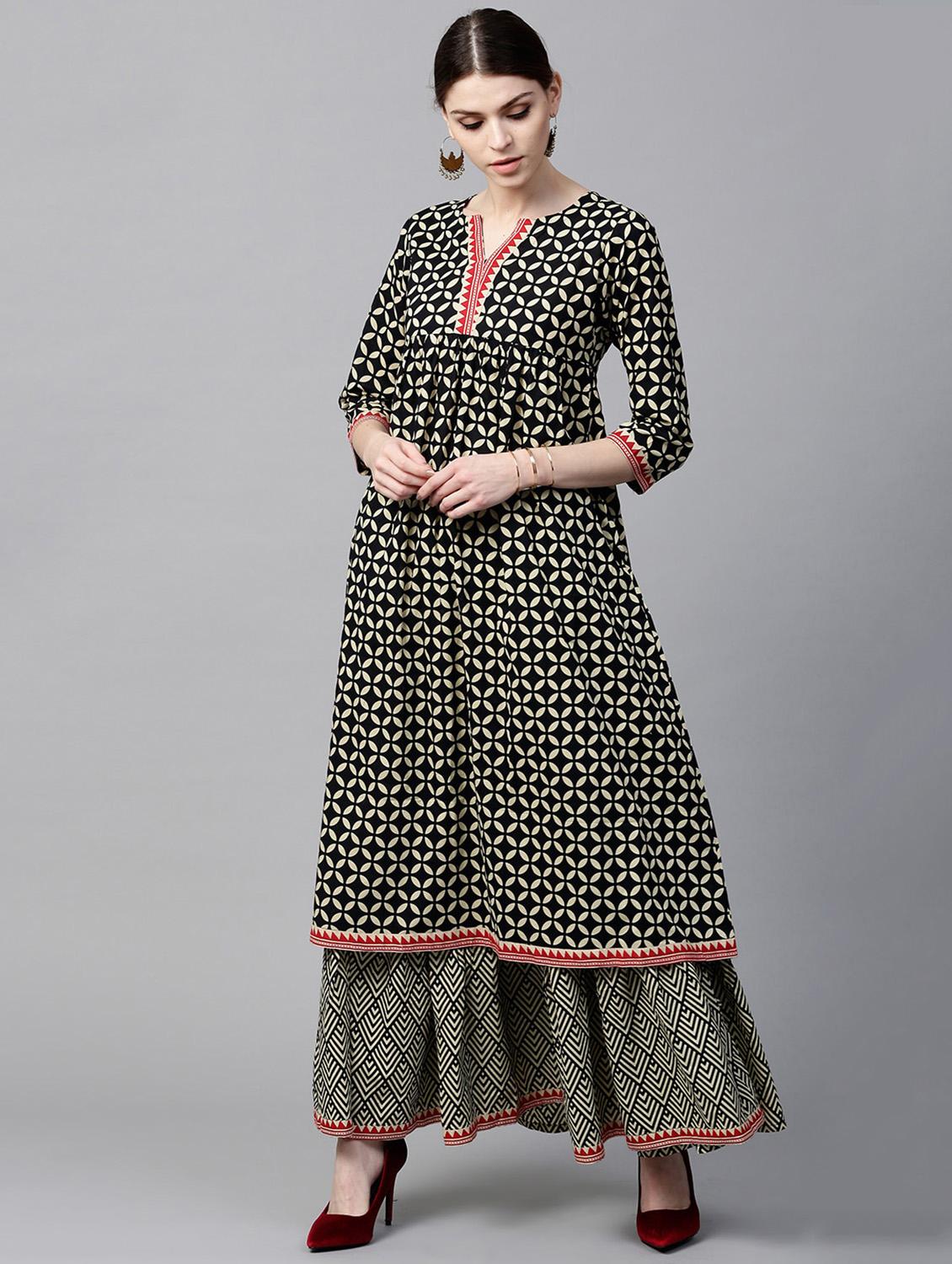 Black Cotton Printed a-line Kurta With Skirt - 15129030 - Zoom Image - 1