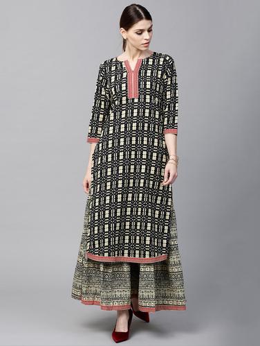 Black Cotton Printed Kurta With Skirt - 15129031 - Very Small Image - 1