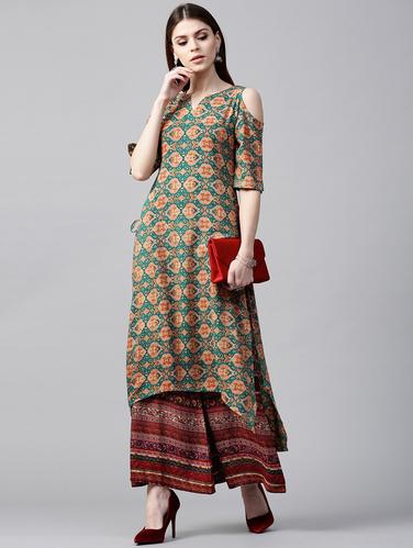 Rayon Printed High Low Kurta With Palazzo - 15129036 - Very Small Image - 1