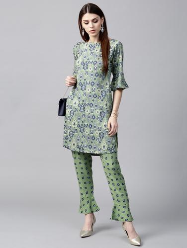 Green Rayon Printed Short Kurta With Trouser - 15129038 - Very Small Image - 1