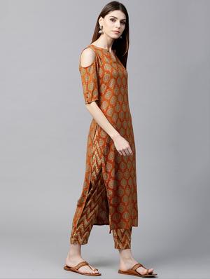 mustard rayon printed straight kurta withtrouser - 15129040 - Standard Image - 2