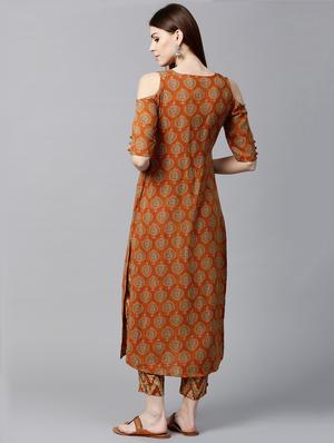 mustard rayon printed straight kurta withtrouser - 15129040 - Standard Image - 3