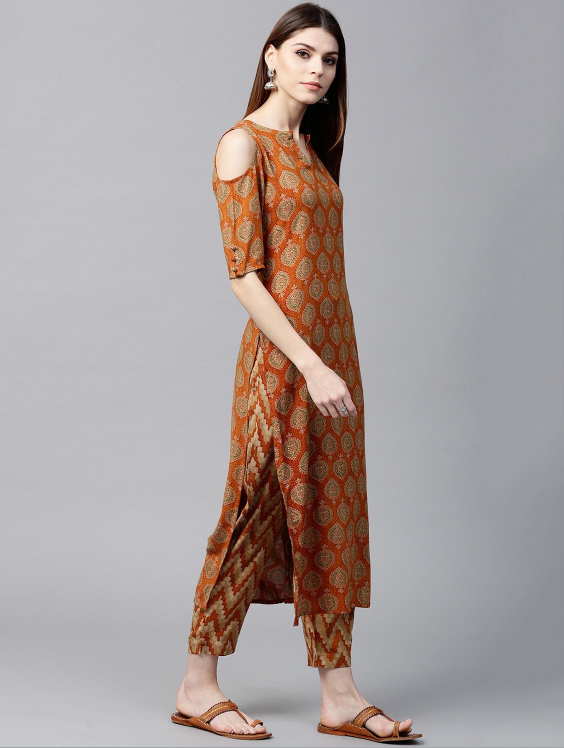 mustard rayon printed straight kurta withtrouser - 15129040 - Zoom Image - 2