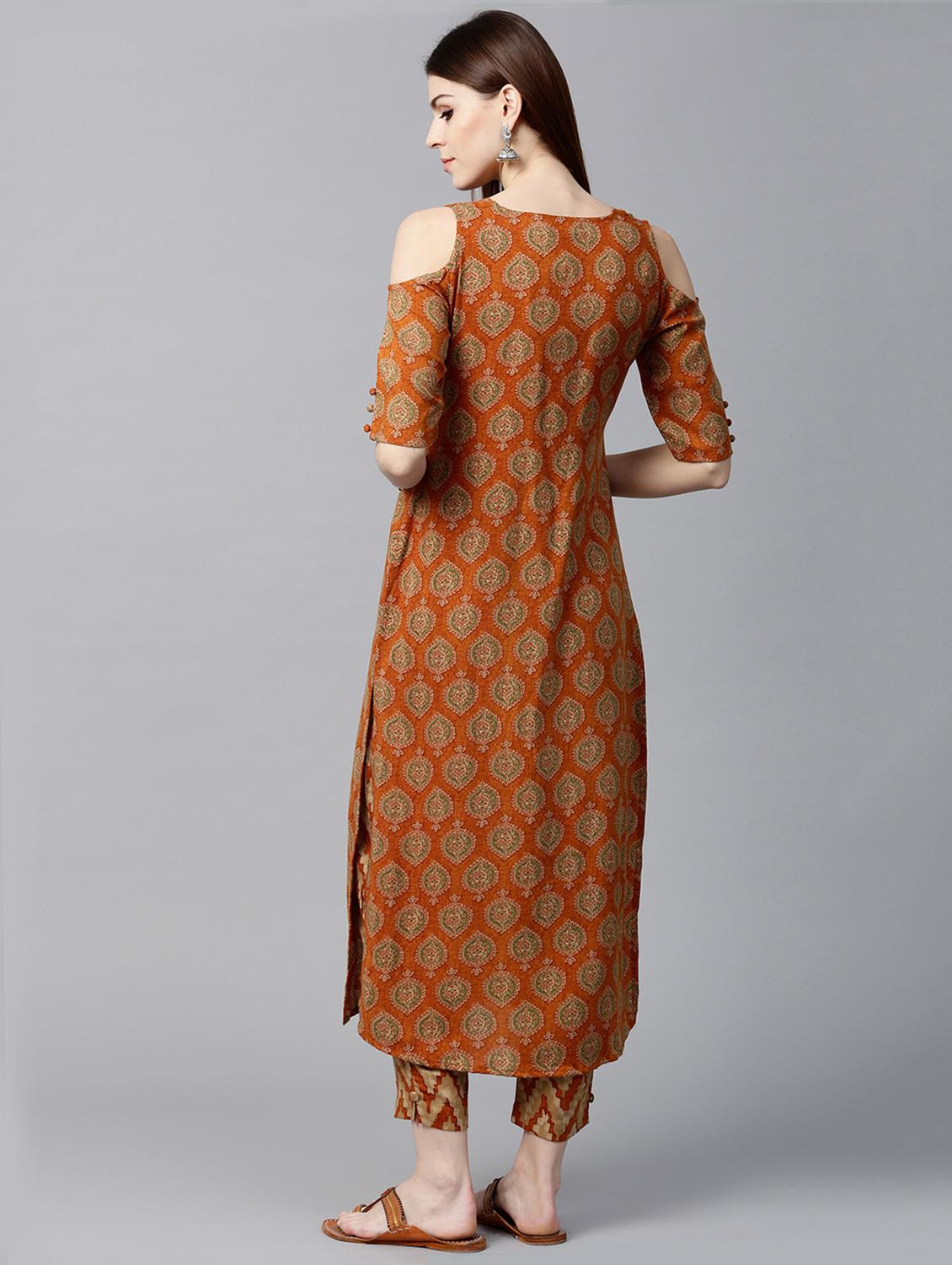 mustard rayon printed straight kurta withtrouser - 15129040 - Zoom Image - 3