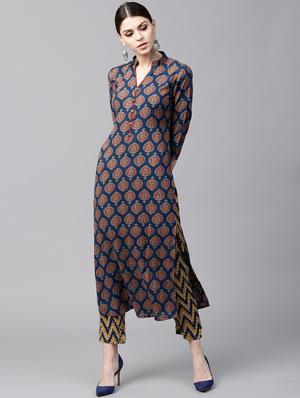 Blue Rayon Printed Straight Kurta With Trouser - 15129041 - Standard Image - 1