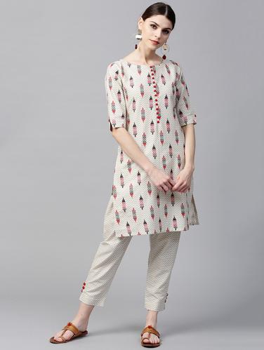 White Cotton Printed Short Kurta With Trouser - 15129043 - Very Small Image - 1