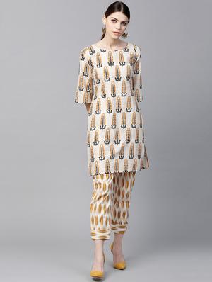 White Cotton Printed Short Kurta With Trouser - 15129045 - Standard Image - 1