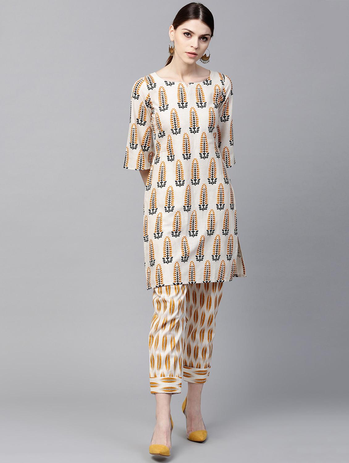 White Cotton Printed Short Kurta With Trouser - 15129045 - Zoom Image - 1