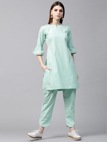 Blue Cotton Short Kurta With Trouser - 15129046 - Very Small Image - 1