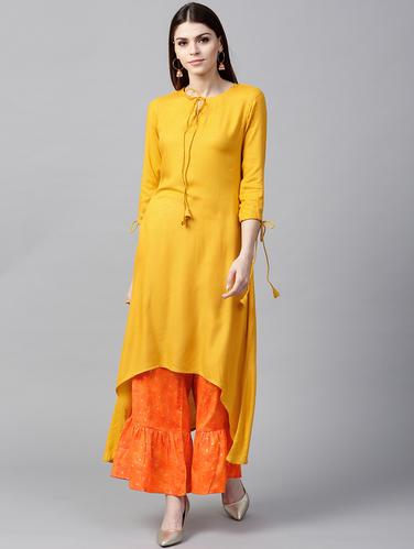 Yellow Rayon High Low Kurta With Cotton Printed Palazzo - 15129048 - Very Small Image - 1