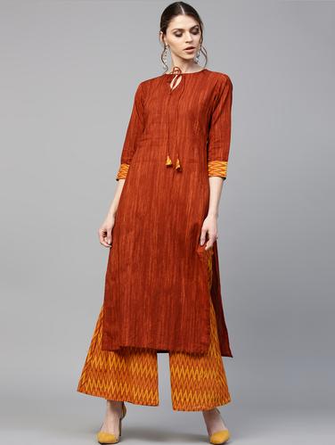 Brown Cotton Printed Straight Kurta With Palazzo - 15129053 - Very Small Image - 1