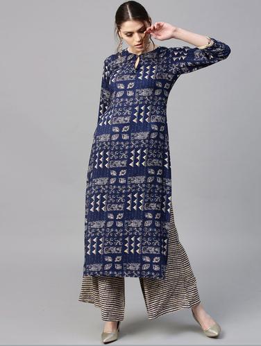 Blue Rayon Printed Straight Kurta With Palazzo - 15129055 - Very Small Image - 1