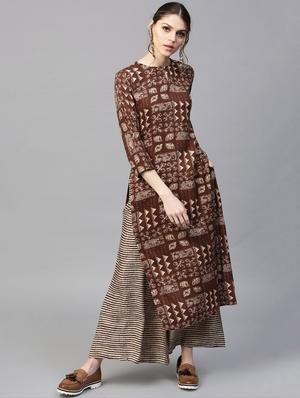 Brown Rayon Printed Straight Kurta With Palazzo - 15129056 - Standard Image - 1
