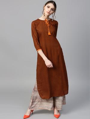 Brown Rayon Printed Straight Kurta With Palazzo - 15129057 - Standard Image - 1
