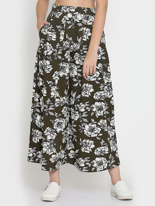 olive floral crepe flared palazzo - 15136844 - Very Small Image - 1