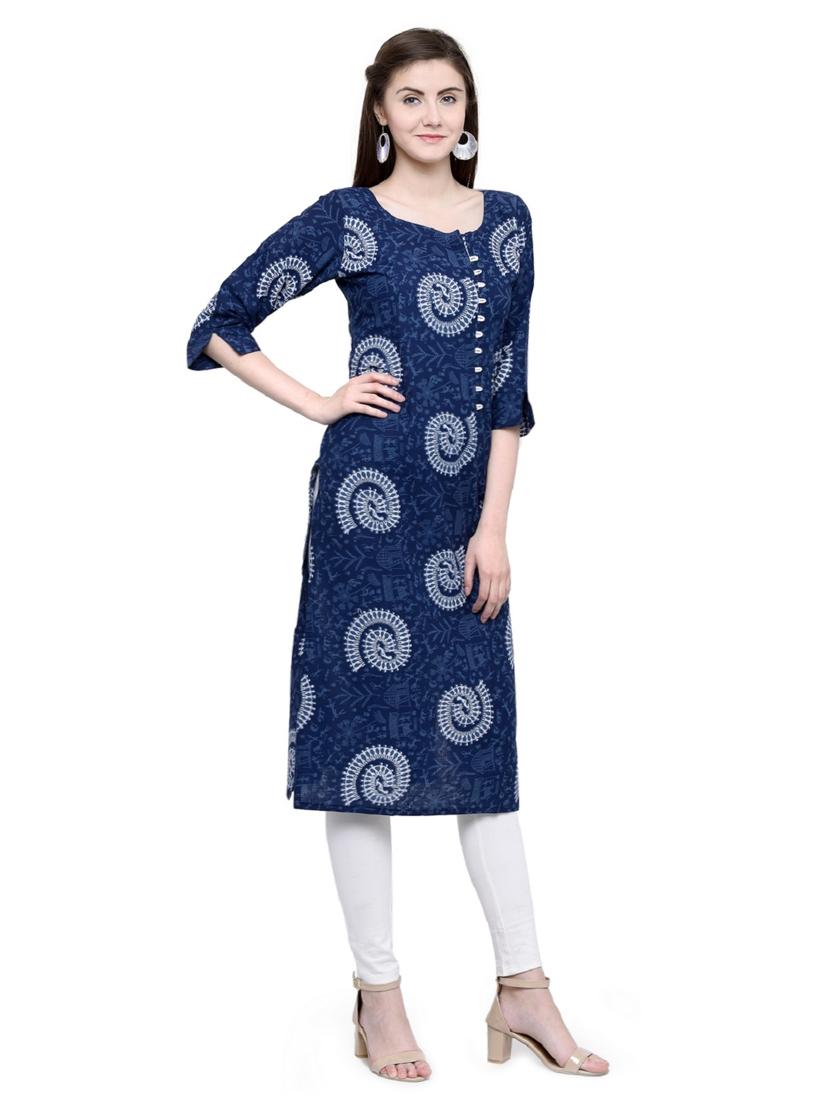 blue cotton straight kurta - 15137065 - Zoom Image - 2