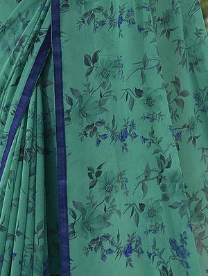 green georgette printed saree with blouse - 15137523 - Standard Image - 2