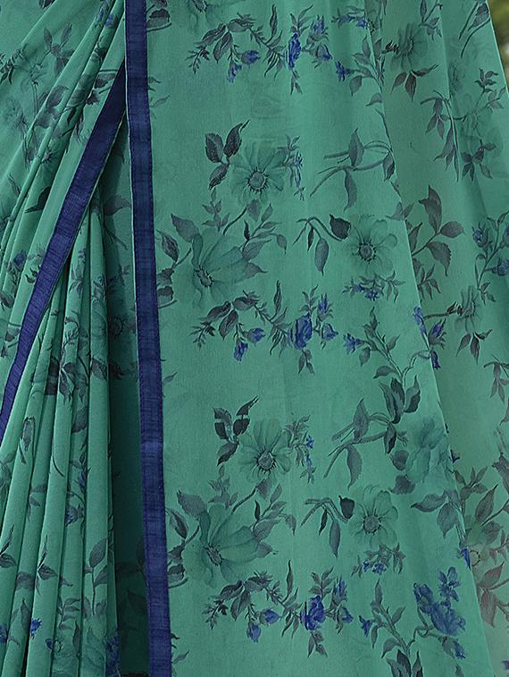 green georgette printed saree with blouse - 15137523 - Zoom Image - 2
