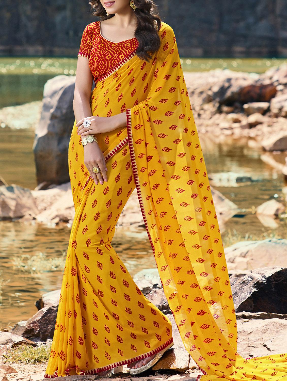 mustard georgette printed saree with blouse - 15137533 - Zoom Image - 1