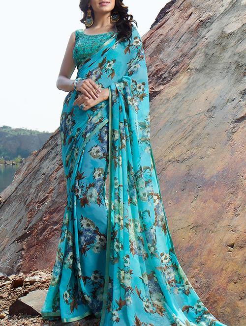 sky blue printed saree with blouse - 15137538 - Standard Image - 1