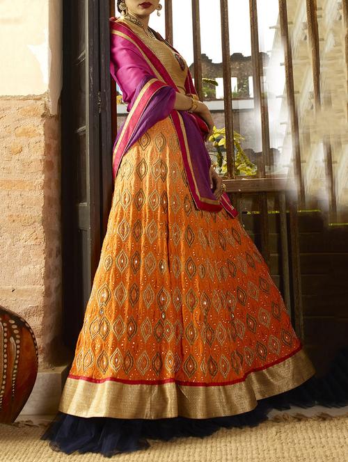 orange embroidered flared lehenga - 15140752 - Very Small Image - 1
