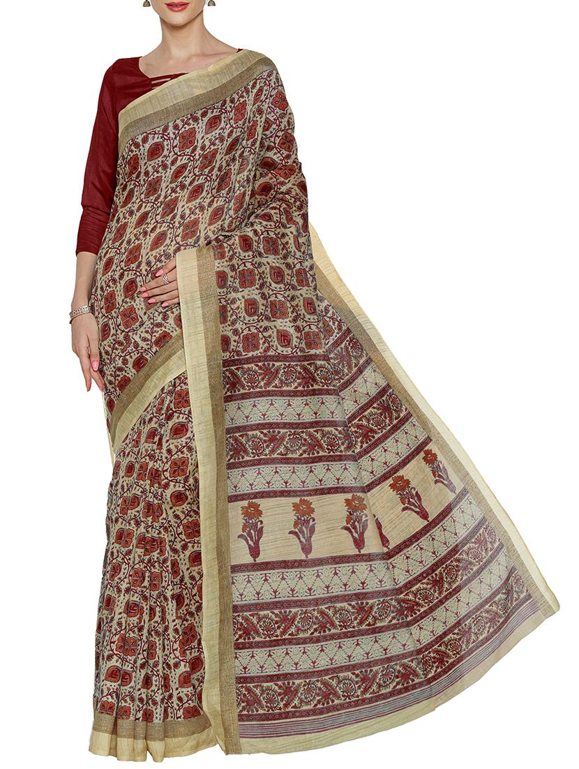 beige cotton silk printed saree with blouse - 15140822 - Zoom Image - 1