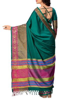 green cotton bordered saree with blouse - 15141233 - Standard Image - 2