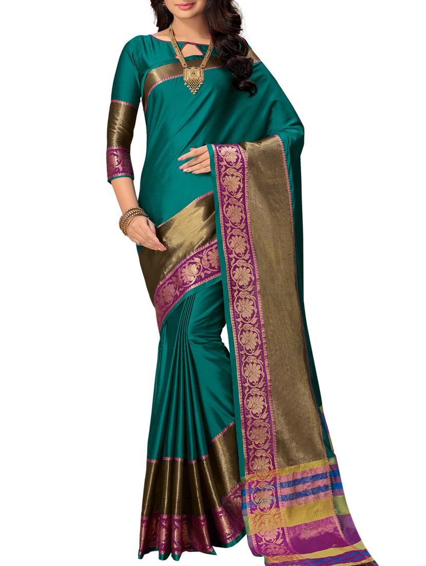 green cotton bordered saree with blouse - 15141233 - Zoom Image - 1