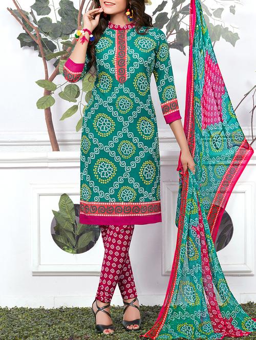 green crepe unstitched churidaar suit - 15142396 - Standard Image - 1