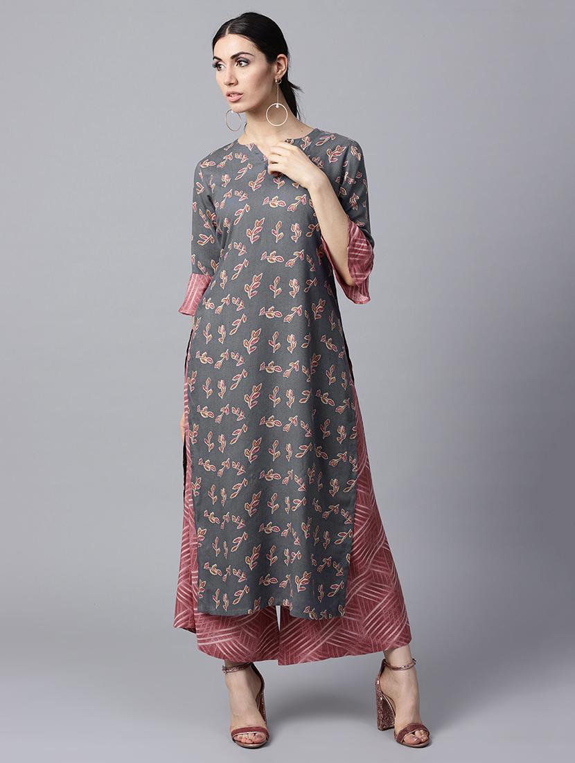 grey rayon kurta palazzo set - 15143337 - Zoom Image - 1