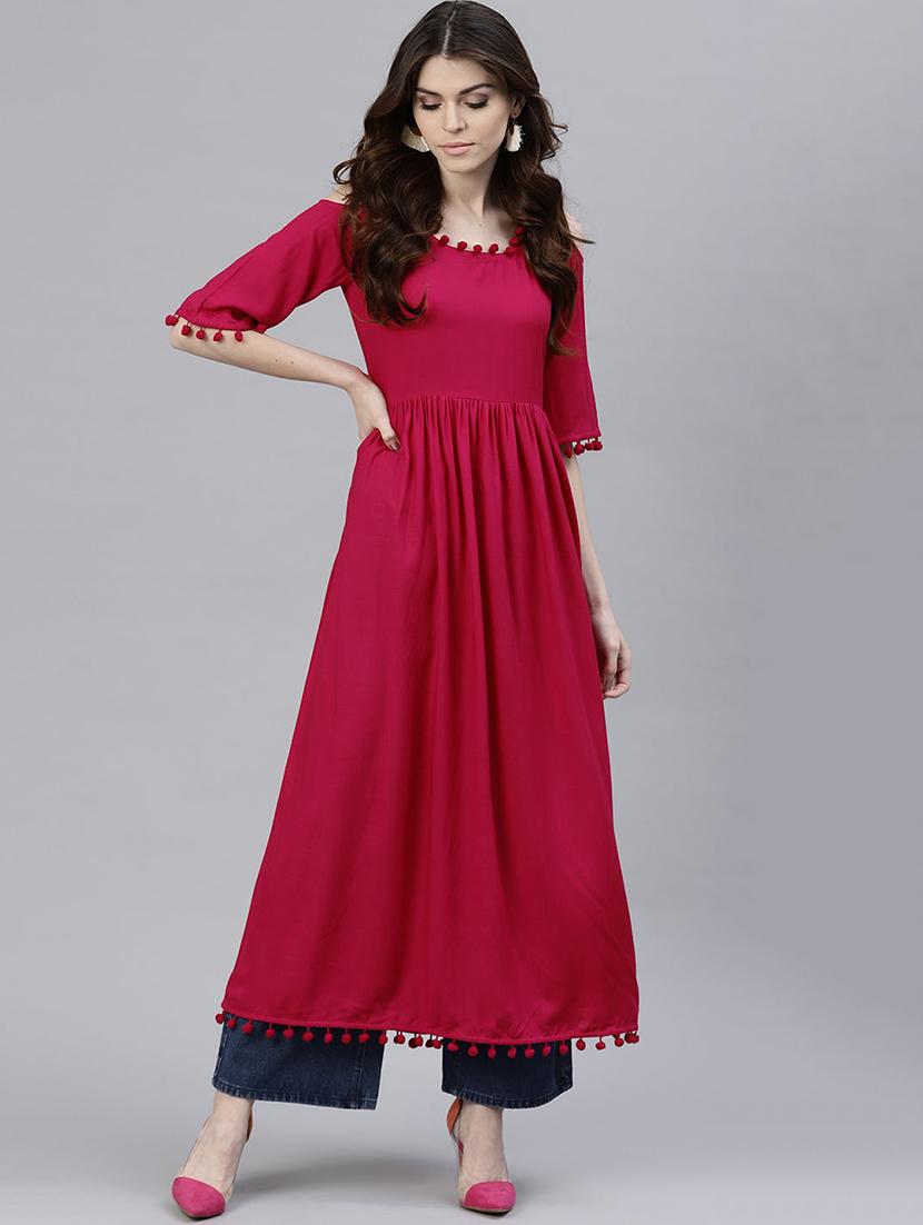 pom pom solid flared kurta - 15143428 - Zoom Image - 1