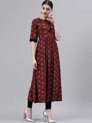 maroon rayon flared kurta - 15143432 - Standard Image - 2