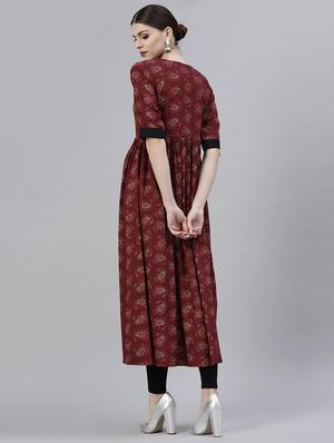 maroon rayon flared kurta - 15143432 - Standard Image - 3
