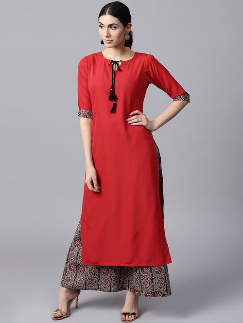 red synthetic kurta palazzo set - 15143442 - Standard Image - 1