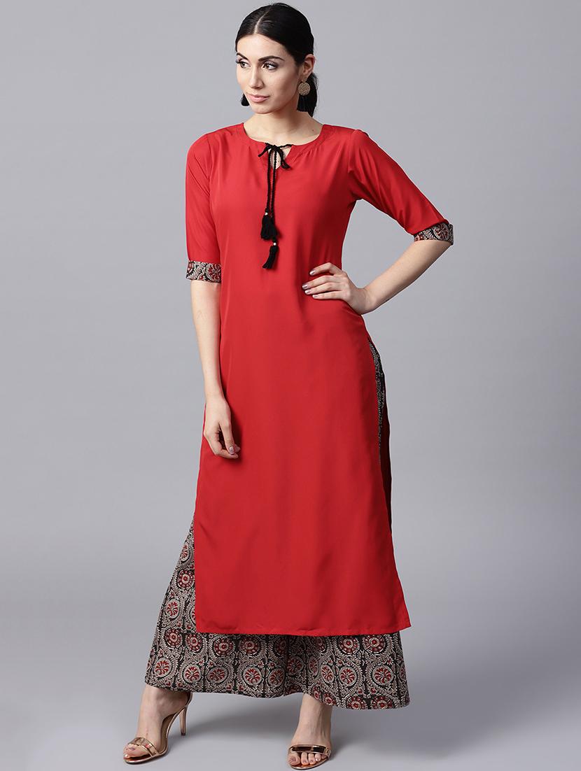 red synthetic kurta palazzo set - 15143442 - Zoom Image - 1