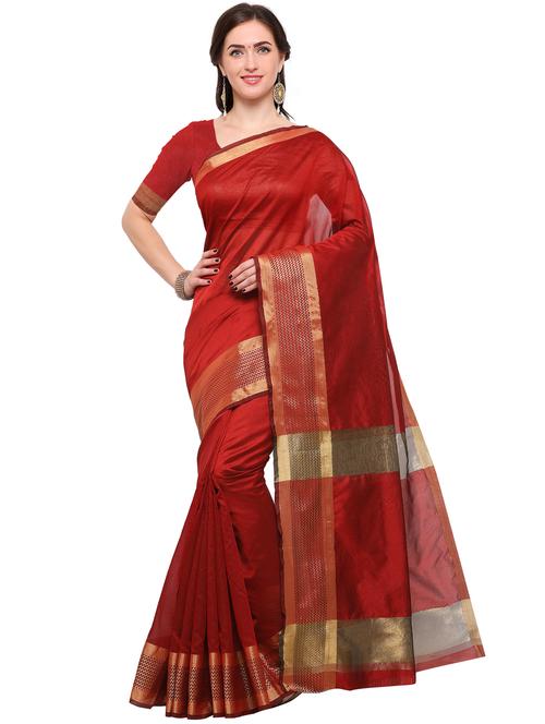 red cotton silk bordered saree with blouse - 15144359 - Standard Image - 1